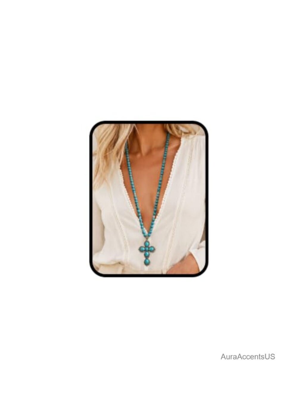 Western Turquoise Beaded Cross Necklace Silver Tone Boho Statement Pendant
